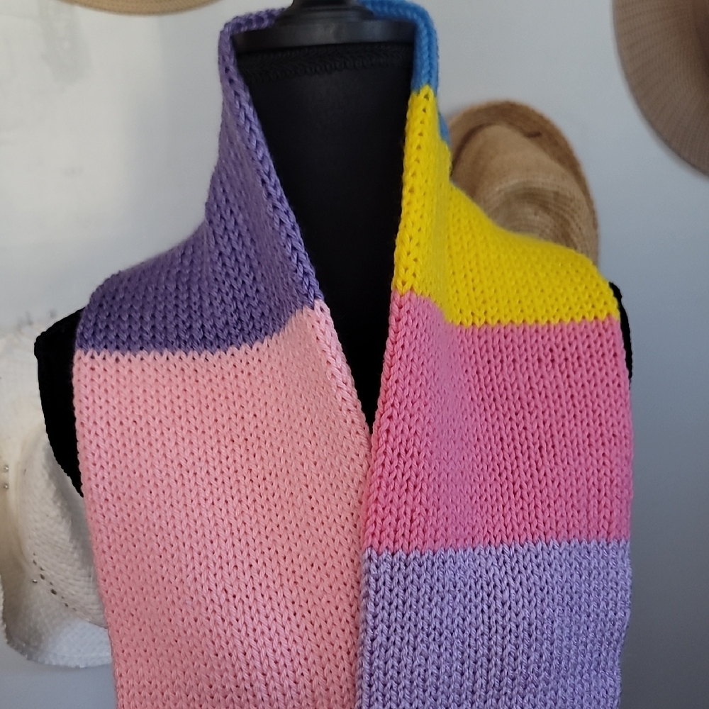 Multicolor Knit Scrap Yarn Scarf with Pom Poms - Picture 2 of 5